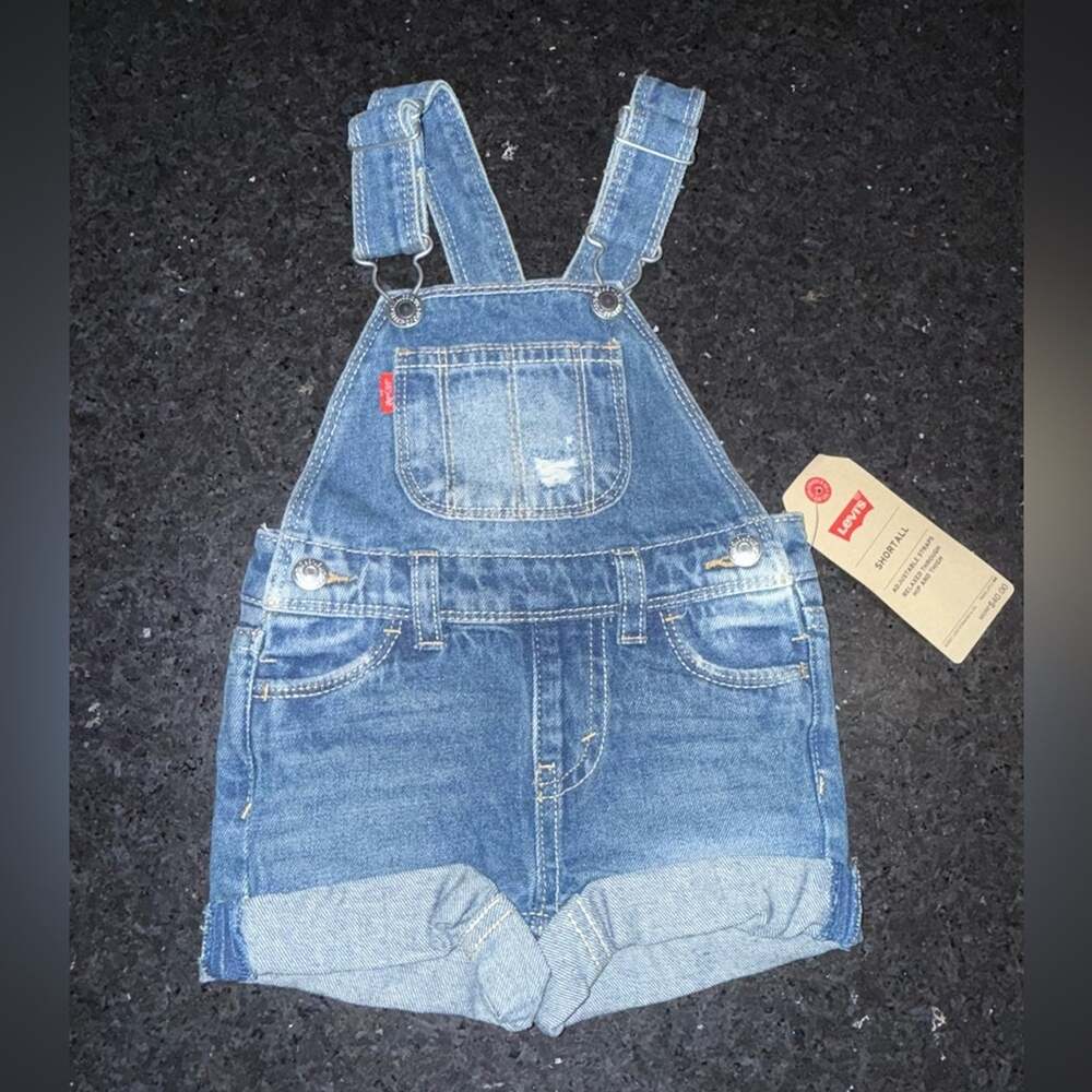 NEW LEVI’S DENIM BLUE JEAN OVERALLS SHORTS 100% COTTON SZ 6 MONTHS